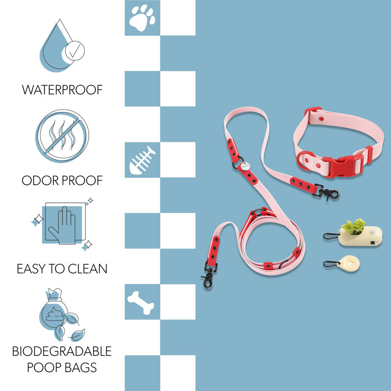 Laisse ajustable mains libres et collier 6-en-1 avec lampe DEL Luna 8 pi, Rose/rouge