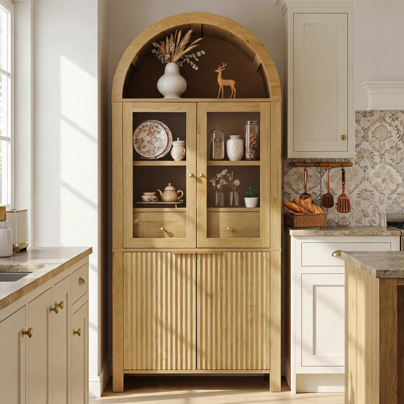 71-Inch Brown Arched Recessed Storage Cabinet With Glass Doors, Hidden Drawers, And Adjustable Shelves Suitable For Various Scenarios.