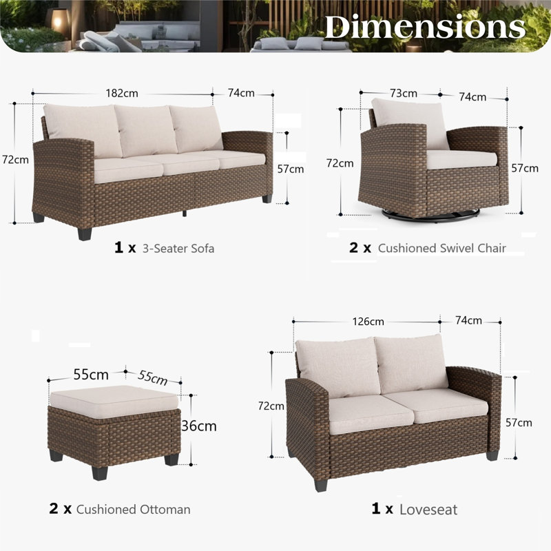 9 - Person Outdoor Wicker Patio Conversation Furniture Set  with Swivel Chairs, Beige