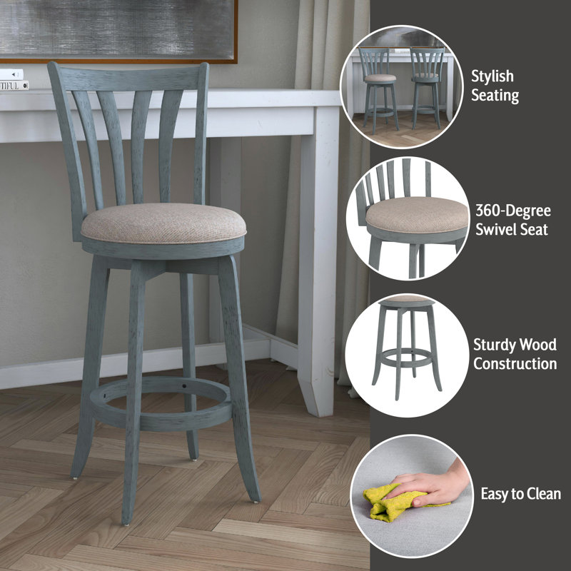 Asharn Swivel Upholstered Counter Stool, Bar Stool (29.5" Seat Height), Blue Polyester