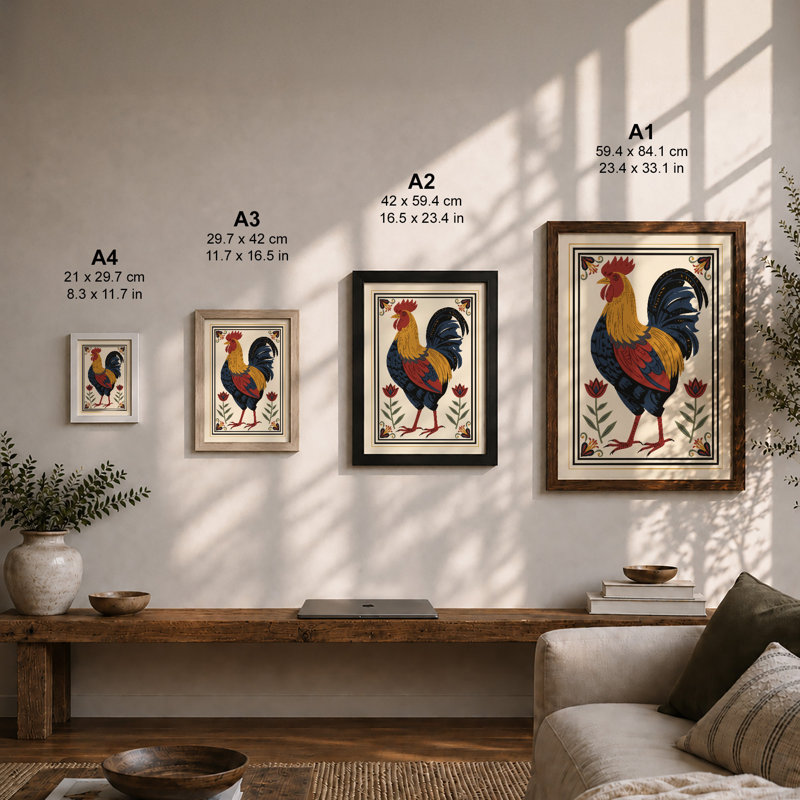 Rooster in Gold Boho - Framed Print, A2 - 59.4 x 42.0 cm, Oak