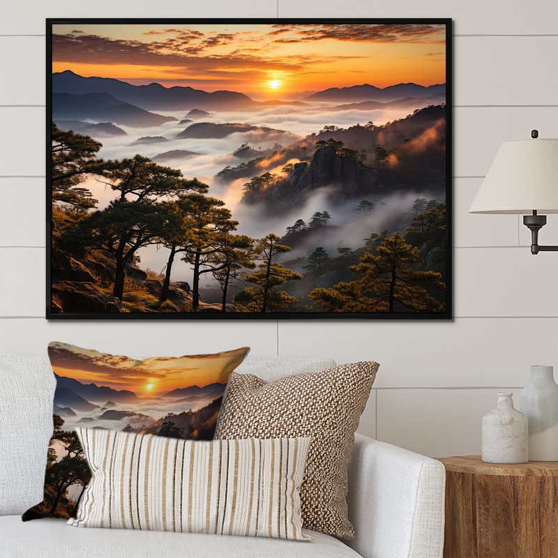 Mountain majestueux Sunsets Embrace II - forêt et rivière, art mural, Cadre flottant noir, H 34 po x l 44 po x P 1,5 po