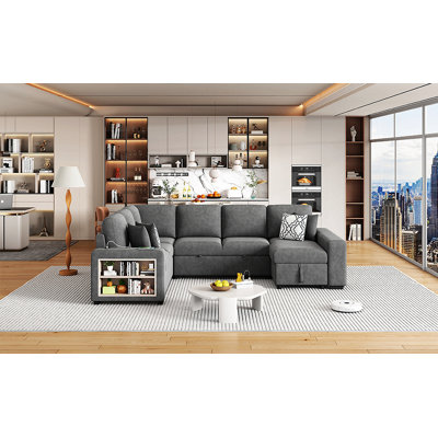 Canapé-lit modulaire en U de 109 po avec deux ports USB, une méridienne de rangement et quatre coussins de dossier pour le salon