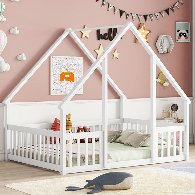 WoodNest House-Shaped Floor Bed with Guardrails, Full, White
