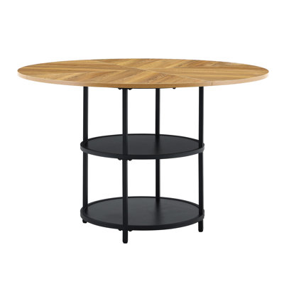 47.3 Inch Modern Splicing Round Dining Table, Double-tier Storage Design, Wood & Black Fan-shaped Diagonal Color Matching Circular Kitchen Table For Home Dining Room
