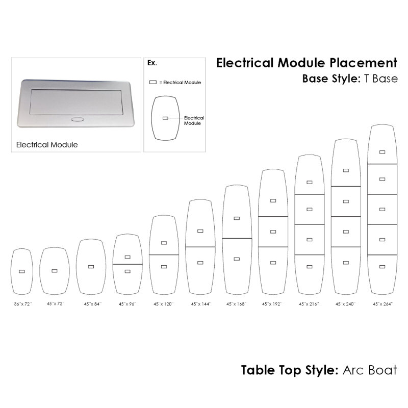 Table de conférence Arc Boat avec bases en T en métal et modules de données, L 72 po x l 48 po, Argent argent
