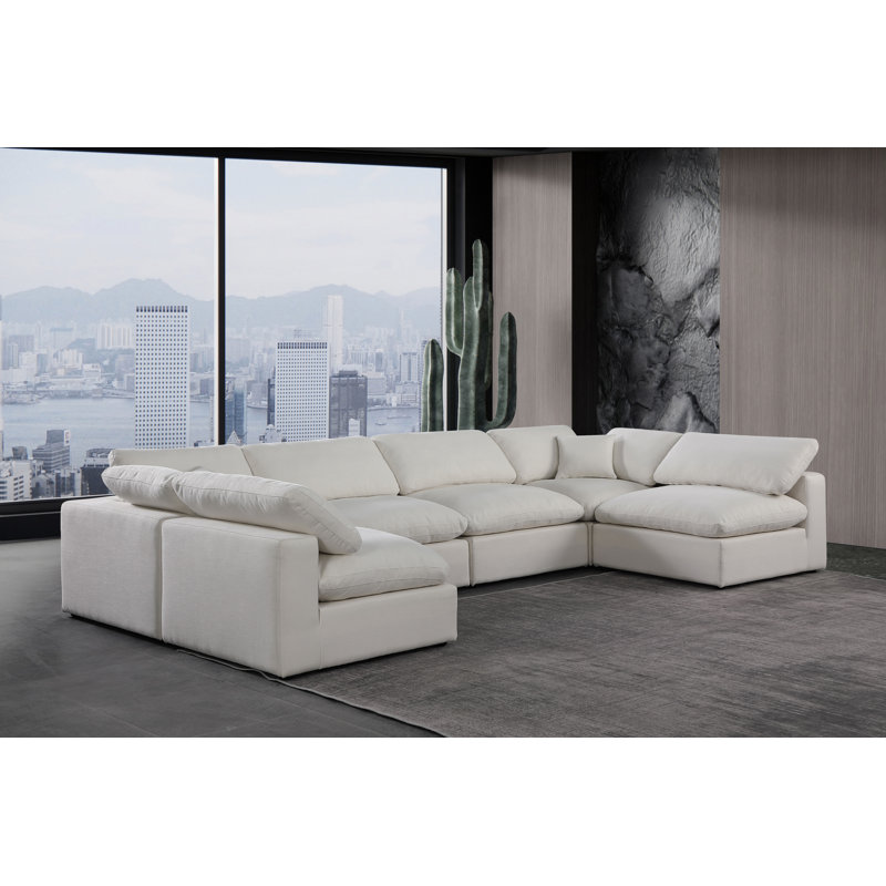 Canapé modulaire 6 pièces rembourré, Tissu crème texturé en lin
