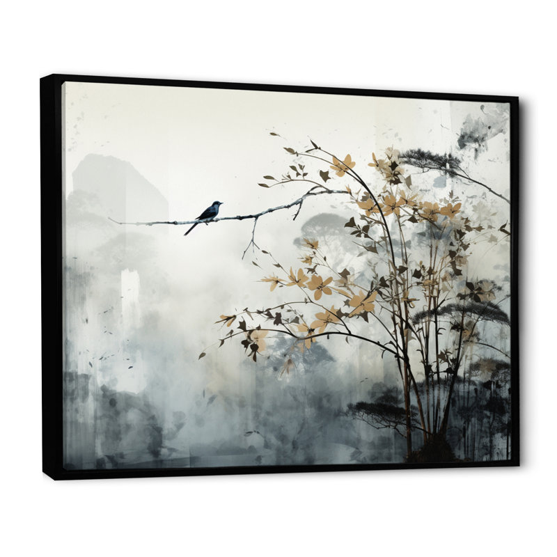 «Asian Art Sumi Bird Serenity XVII», art mural asiatique, 16" H x 32" W, Cadre flottant noir