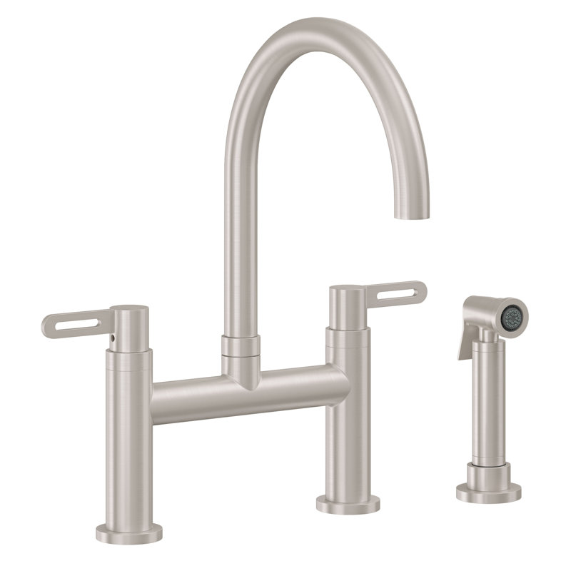 Bridge Kitchen Faucet With Sidespray - Arc Spout, Satin Nickel, With Side Spray, 62 Series Black Stick