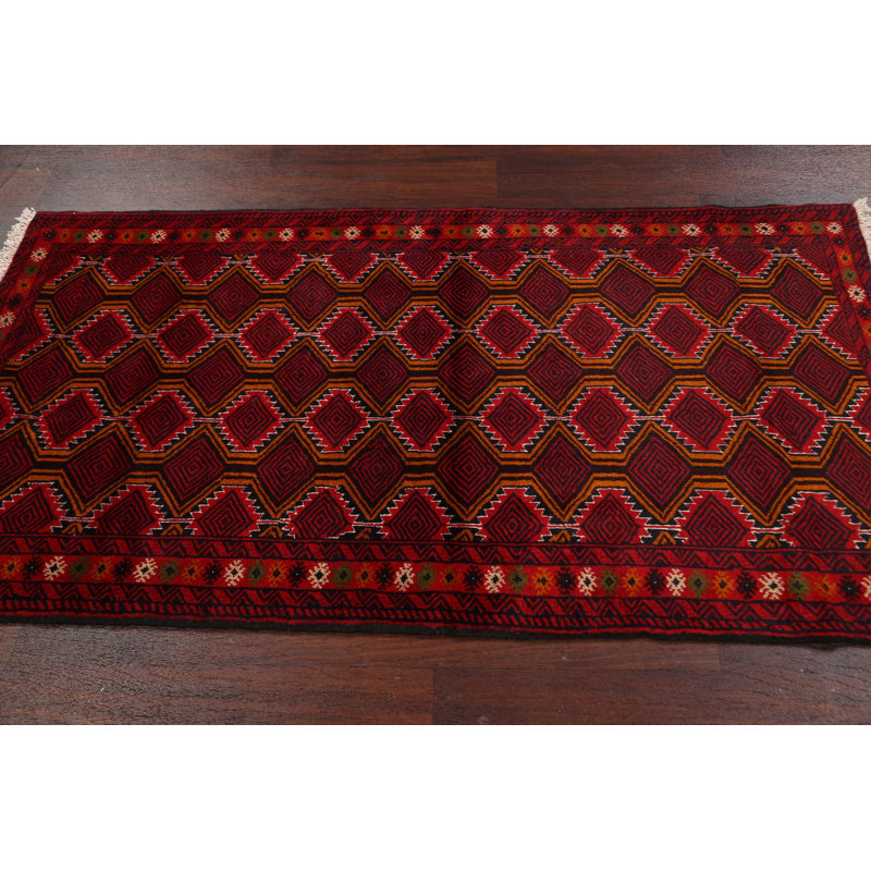 Tapis de couloir rouge en laine noué à la main de conception unique 2 pi 11 po x 5 pi 6 po One Age