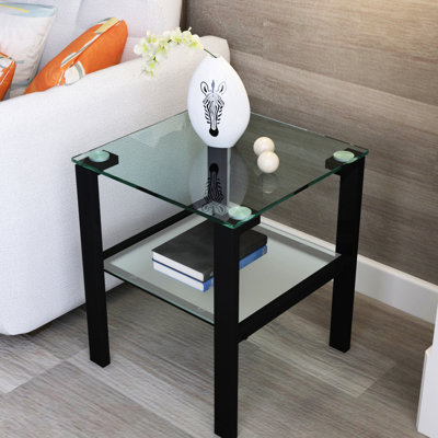 2 pièces de tables d'appoint de salon transparentes. Petit rond et carré. 8 mm de hauteur supérieure et 5 mm de hauteur inférieure en verre trempé. Capacité de 100 lb Tables de chambre à coucher à deux couches faciles à installer de conception carrée. Verre.