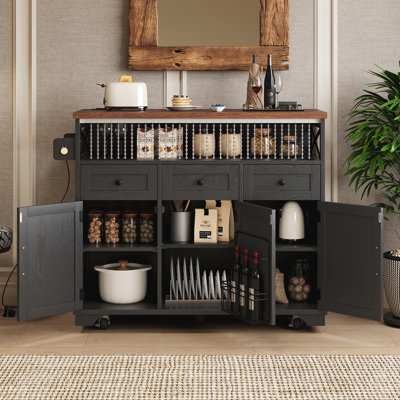 46.5'' Farmhouse Kitchen Island With Power Outlet, Rolling Cart On Wheels, Drop Leaf, 3 Doors, 3 Drawers, Internal Iron Shelf, Black | Gift Idea