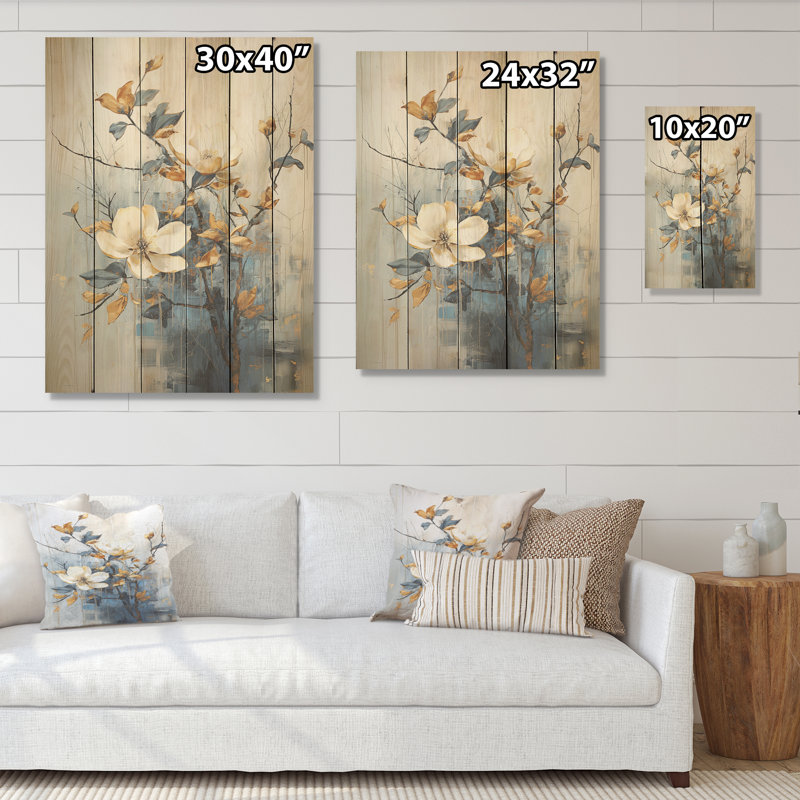 Art floral sur bois de pin naturel beige et bleu, H 20 po x l 10 po