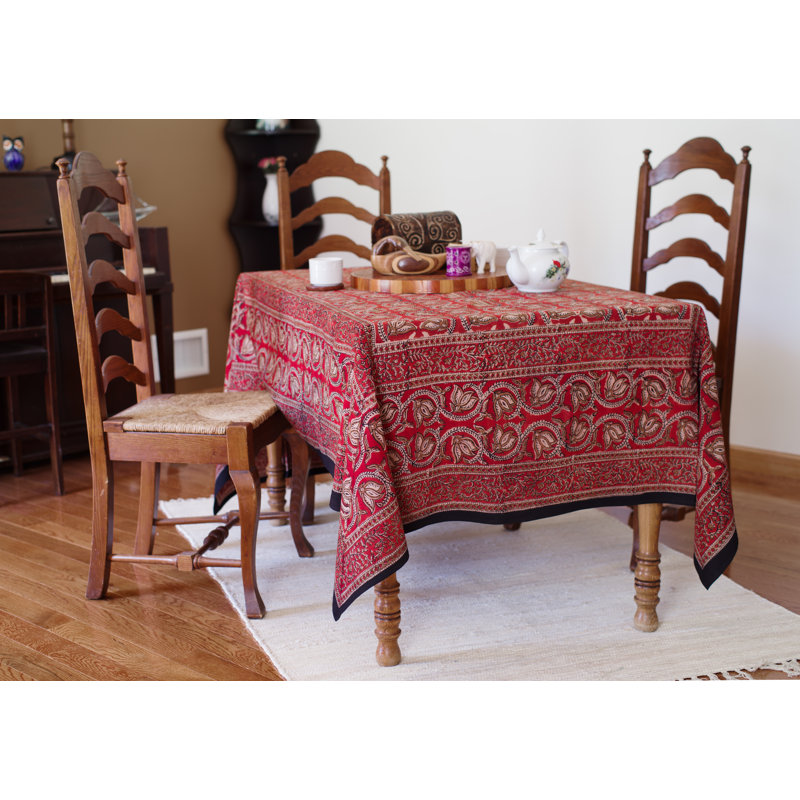 Oppenheimer Dabu Vine Block Printed Tablelcoth, 90" x 60", Red