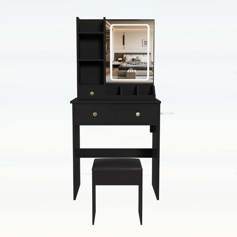 Petit meuble-lavabo moderne avec 3 modes d'éclairage DEL, une luminosité réglable, 3 tiroirs et plusieurs tablettes ouvertes, y compris un support pour sèche-cheveux et une prise de courant, et une chaise à coiffer
