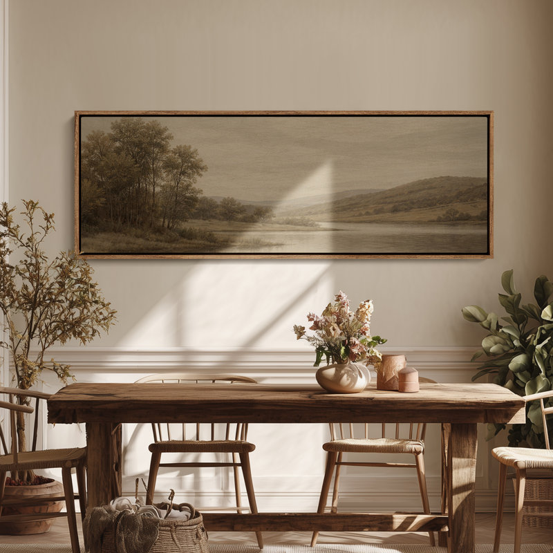 Framed Canvas Wall Art - Tranquil River Landscape with Trees and Rolling Hills in Warm Neutrals - 16"x24", 24"x36", Natural