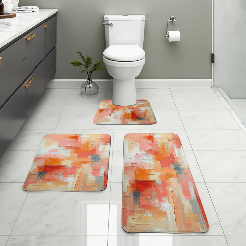  Ensemble de 3 tapis de salle de bain en forme de U et de tapis rectangulaires orange corail et écru Peach