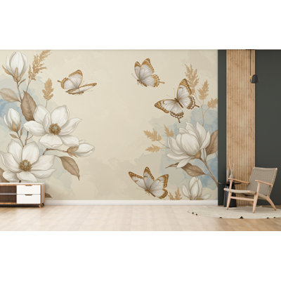 Papier peint papillon et fleur - pivoines roses, accents dorés, aquarelle élégante pour chambre d'enfant