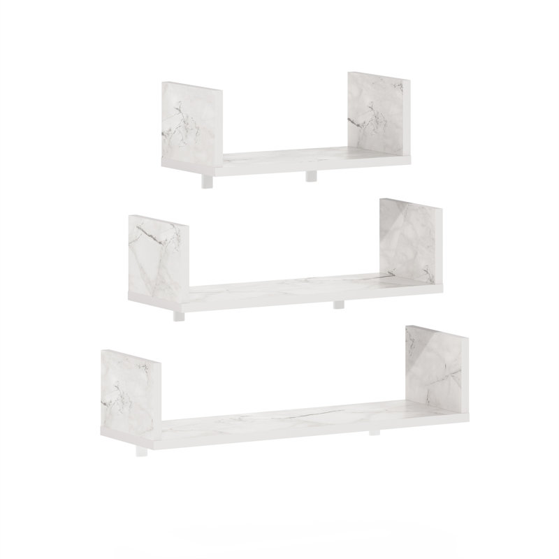 Flem 3 Piece Wall Mounted Floating Display Shelves with Invisible Brackets, Marble White