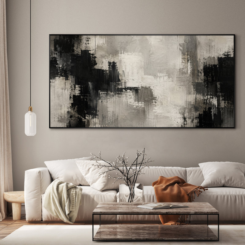 Très grand art mural imprimé sur tissu - Gris verdâtre et noir, composition abstraite, composition de salon moderne - «Assemblage requis du cadre (cadre non fini)»