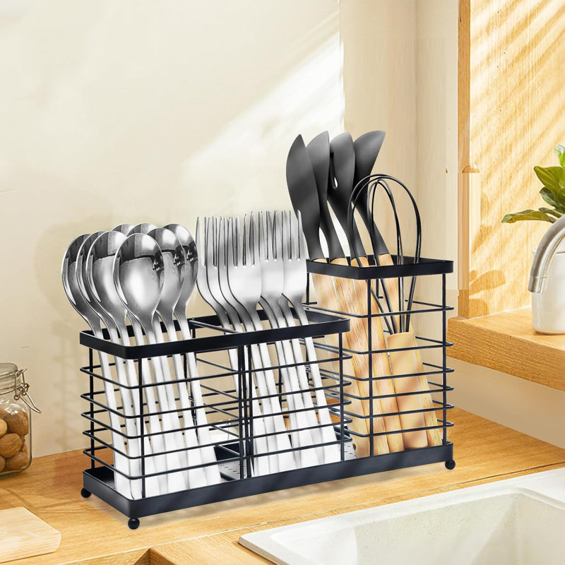 Stainless Steel 3-In-1 Kitchen Utensil Holder With Removable Divider, Open-Style Design, Large Countertop Organizer For Cooking Tools