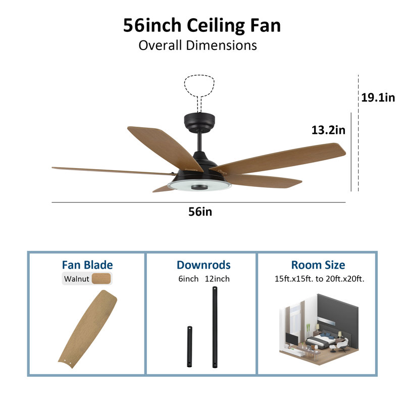 Ventilateur de plafond standard intelligent à 5 pales Gatha avec télécommande et ensemble d'éclairage inclus, Noir, Noir, 56"
