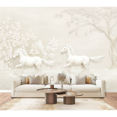 Peel and Stick Wallpaper 144" L x 100" W Modern Self Adhesive Wall Mural for Bedroom Elegant White Horses Galloping Tranquil Water Serene Landscape