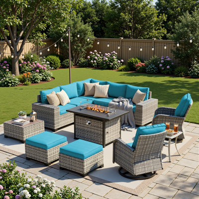 12-Piece Outdoor Modular Sectional Patio Conversation Set With Fire Pit Table, Swivel Rocker Chairs & Ottomans