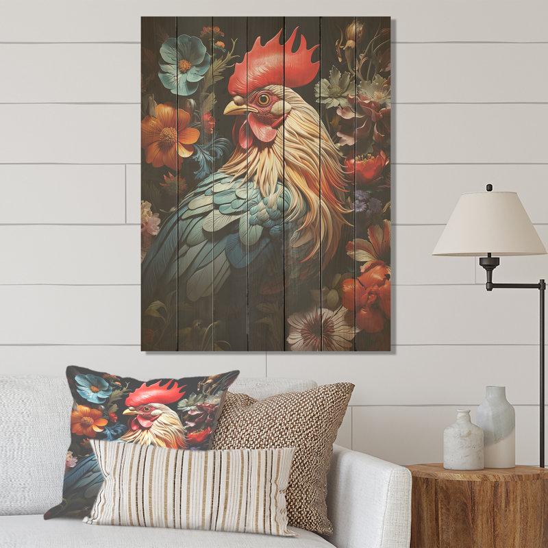 Modern Rooster Collage IV - Poulet sur bois, H 40 po x l 30 po