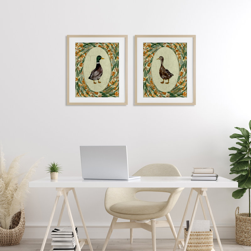 «Country Floral Duck Portraits», ensemble de 2 impressions encadrées sous verre, design par Yen, Cadre de récolte en pin