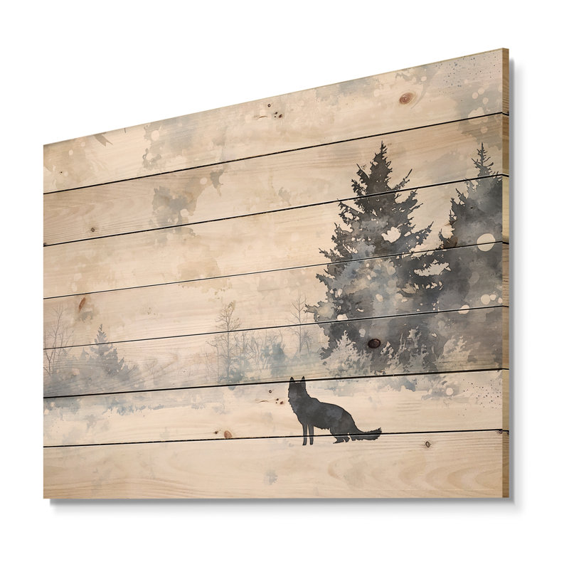 Loup solitude dans la neige I - Impression sur bois blanc moderne sur bois de pin naturel, H 10 po x l 20 po