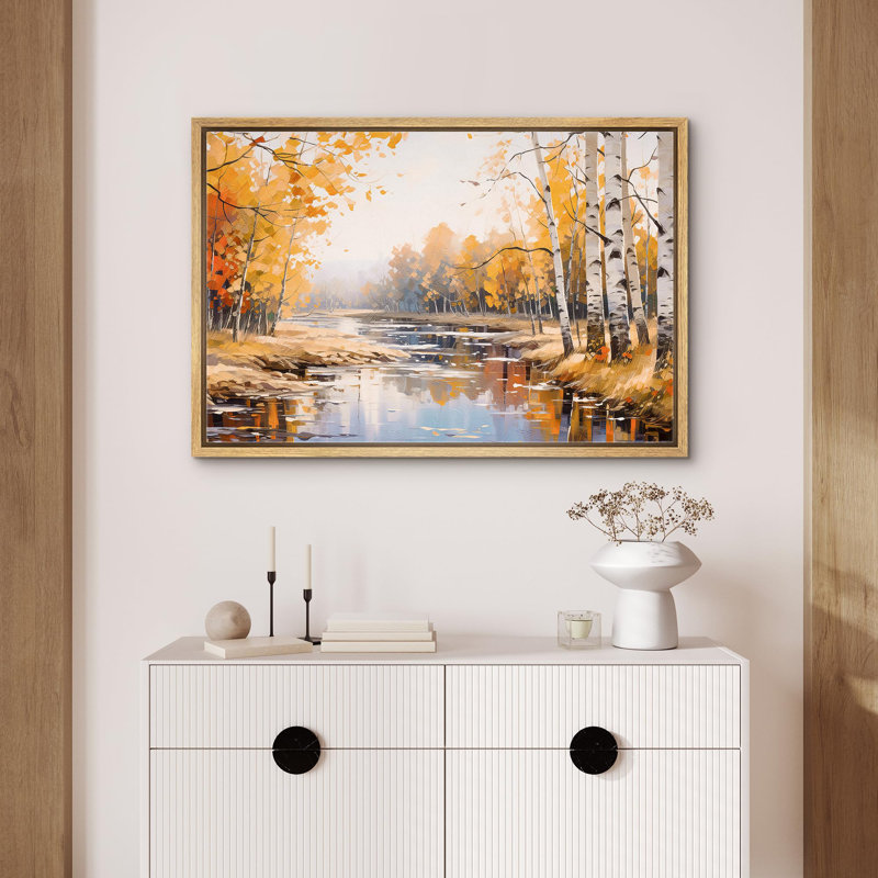 Autumn Fall " Forest River In Autumn ", Natural Floater Frame, 16" H x 24" W
