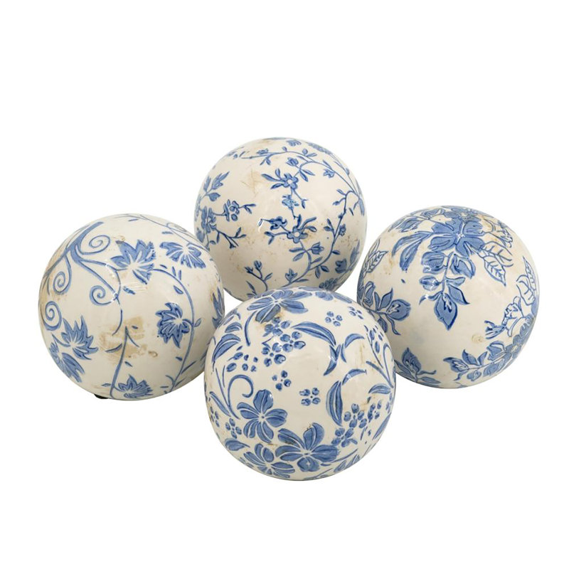 Blue and White Ceramic Decor Balls with Floral Patterns - Set of 4 - 4x4x3.5"