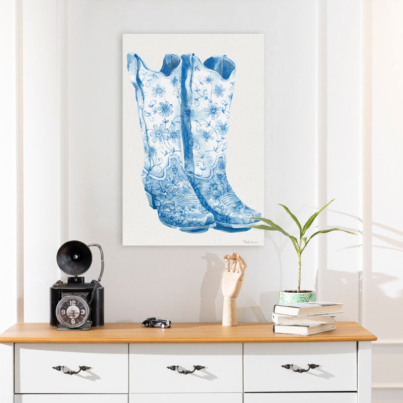 Bottes bleues, art abstrait, art contemporain, H 24 po x l 16 po