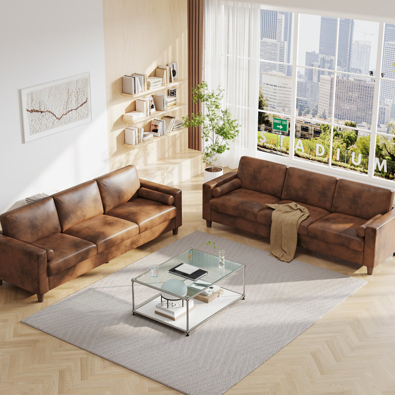 Canapé moderne en similicuir 3 places de 92 pouces, accoudoirs carrés avec pieds en bois massif, aucun outil requis pour l'installation