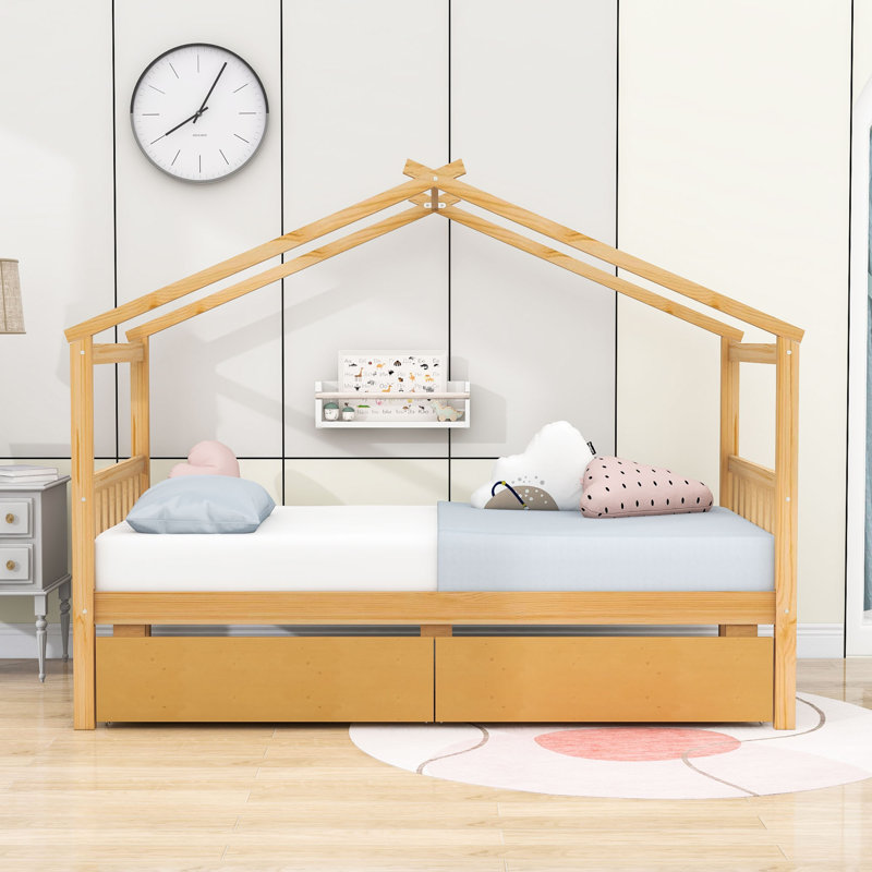 Henjes Twin 2 Drawers Wood House Bed, Natural