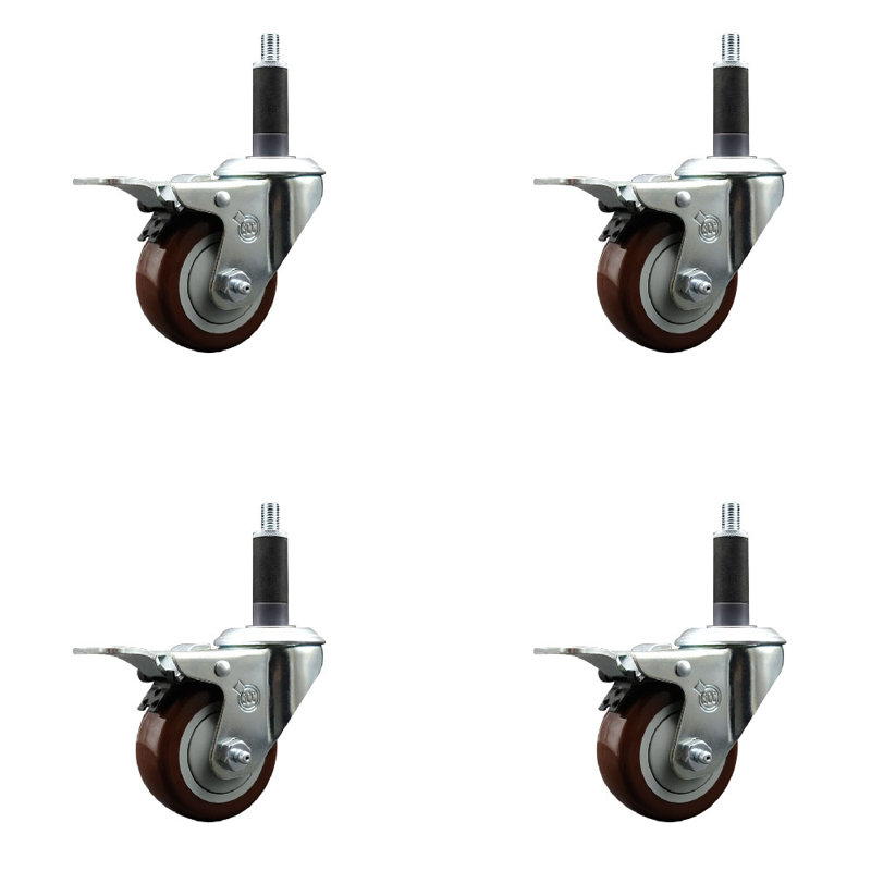 Poly Swivel 1 Inch Expanding Stem Caster Set Total Lock Brake, Maroon