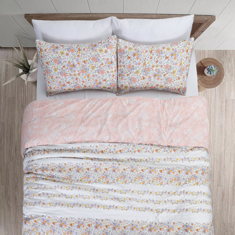 Full Pink Floral Microfiber Reversible Comforter Set