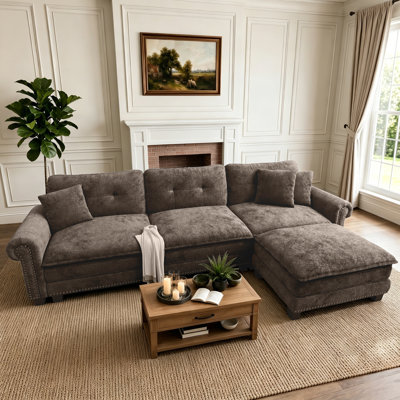 Canapé modulaire de 116 po avec repose-pieds modulaire avec repose-pieds profond en chenille ou aspect lin avec garniture cloutée de 116 po