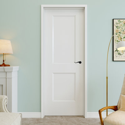 Porte intérieure pré-suspendue à 2 panneaux 30 po x 80 po avec levier incurvé et charnières argentées, finition blanche et peinturable, durable et imperméable, combinaison pour la lessive, portes de placard, portes de pièce, main gauche