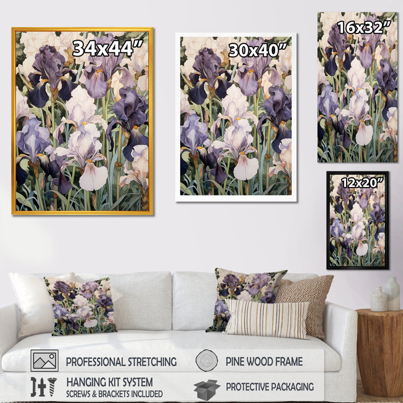 Iris mauve en fleurs dans les prés sauvages I sur toile, H 44 po x l 34 po x P 1,5 po, Cadre naturel flottant
