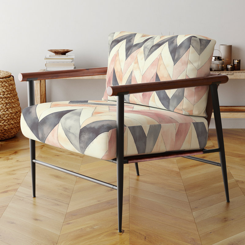 Chaise contemporaine rembourrée Boho - Fauteuil noir et orange à chevrons boho, Bras ronds bruns