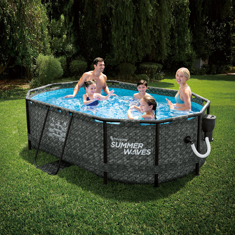 Summer Waves 9.8 x 6.5' Gray Dark Herringbone Print Active Frame Oval Pool