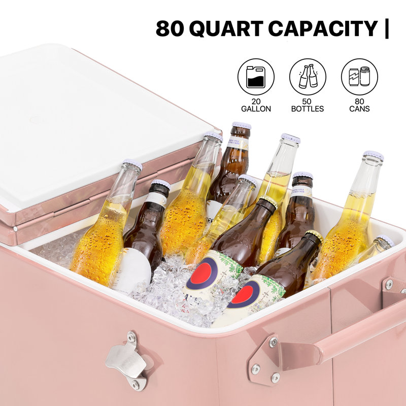 Pink Alloy Steel Outdoor Rolling Cooler with Wheels