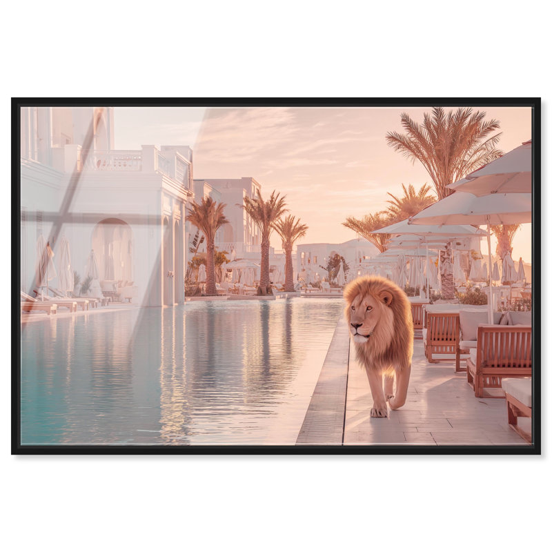«Lion at the Resort», reproduction d'art acrylique encadrée par Notoriart, cadre noir, 24 x 16, H 17 po x l 25 po