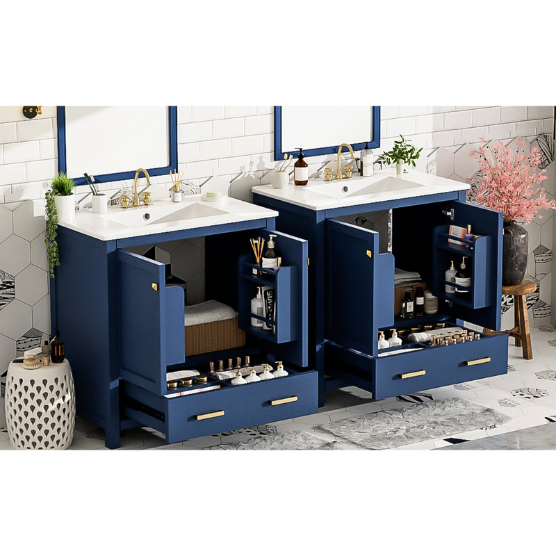 Blue 60" Bathroom Cabinet With Double Sinks & Stylish Appearance - Transform Your Decor Vanity Vanities Secure Storage Items