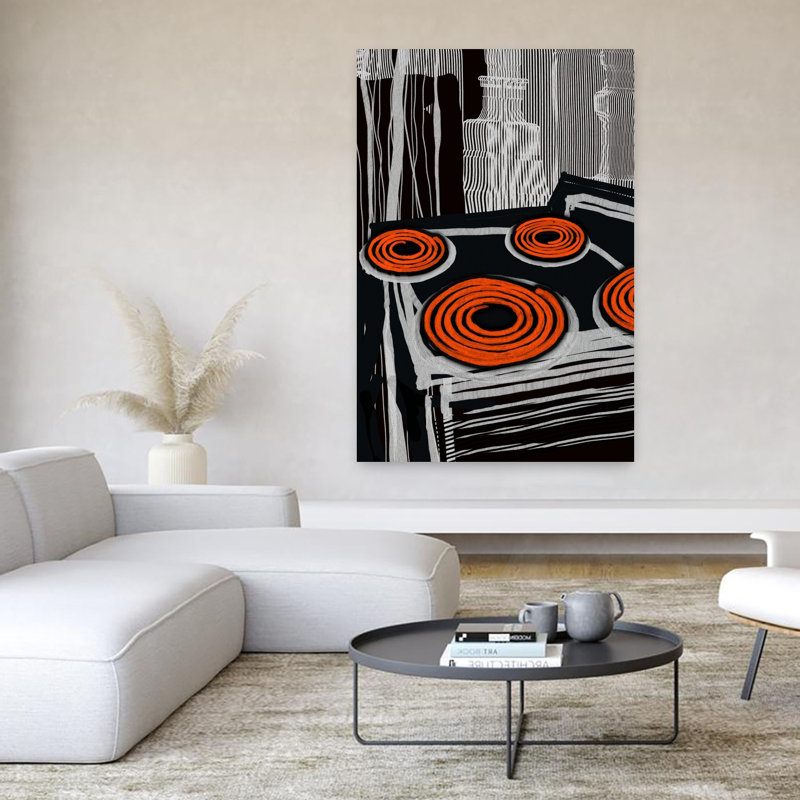 «Orange Stovetop Spirals», art mural abstrait contemporain audacieux, H 60 po x l 40 po