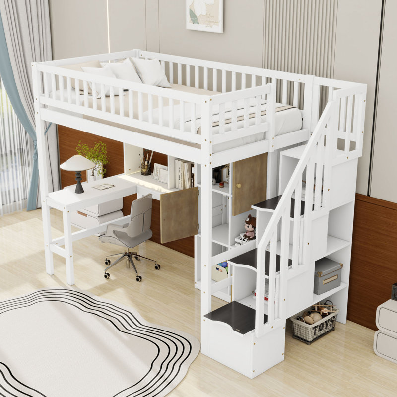 Lit mezzanine simple en bois avec tablettes, bureau, lumières DEL et escalier de rangement, Blanc