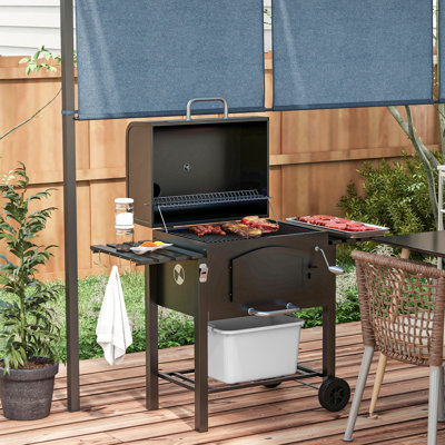 Barbecue portatif au charbon, avec pan réglable à hauteur et commandes de cheminée, tablettes pliantes, thermomètre, roues pour ouvre-bouteille, hauteur du barbecue noir, roues pour la cour,