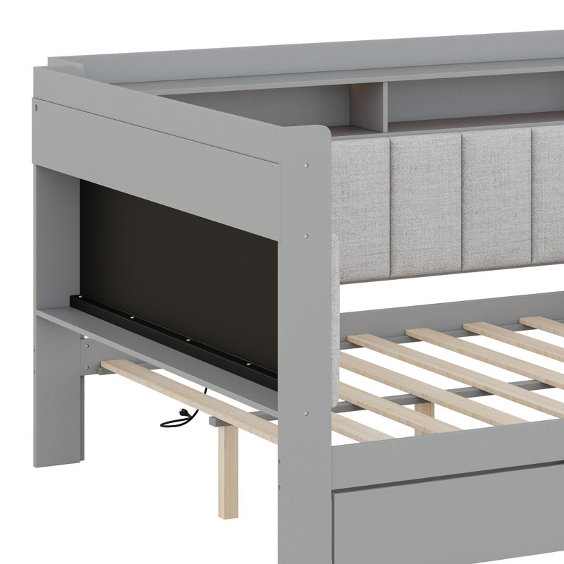 Lit de jour avec tablettes de rangement, bureau, charge, bureau, tête de lit douillette, Gris